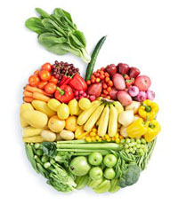 овощи и фрукты выложены в форме яблока